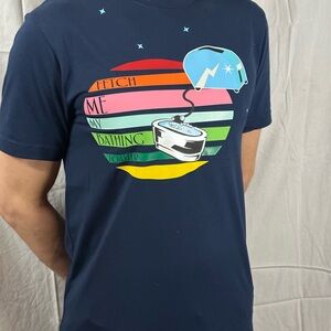 Blue Short Sleeve “Fetch Me My Bathing Toaster” Tee with Retro Graphic Design